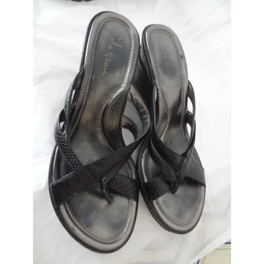 Cole Haan Black Leather Snakeskin embossed Strappy Wedge Sandals Slip on 9.5B